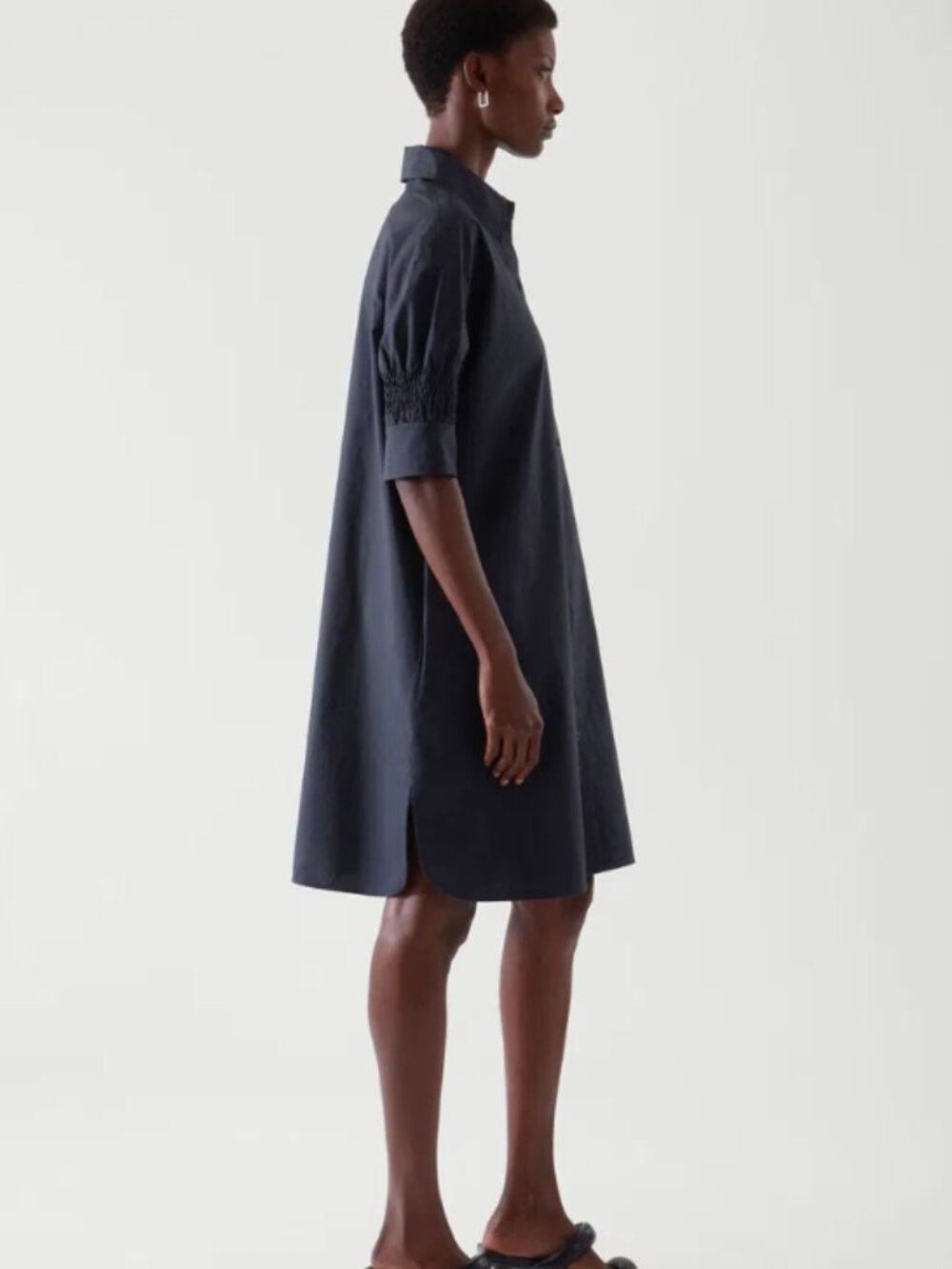 COS Black Button Up Collared Convertible Pocket Shirt Dress Smocked Sleeve 6 / M